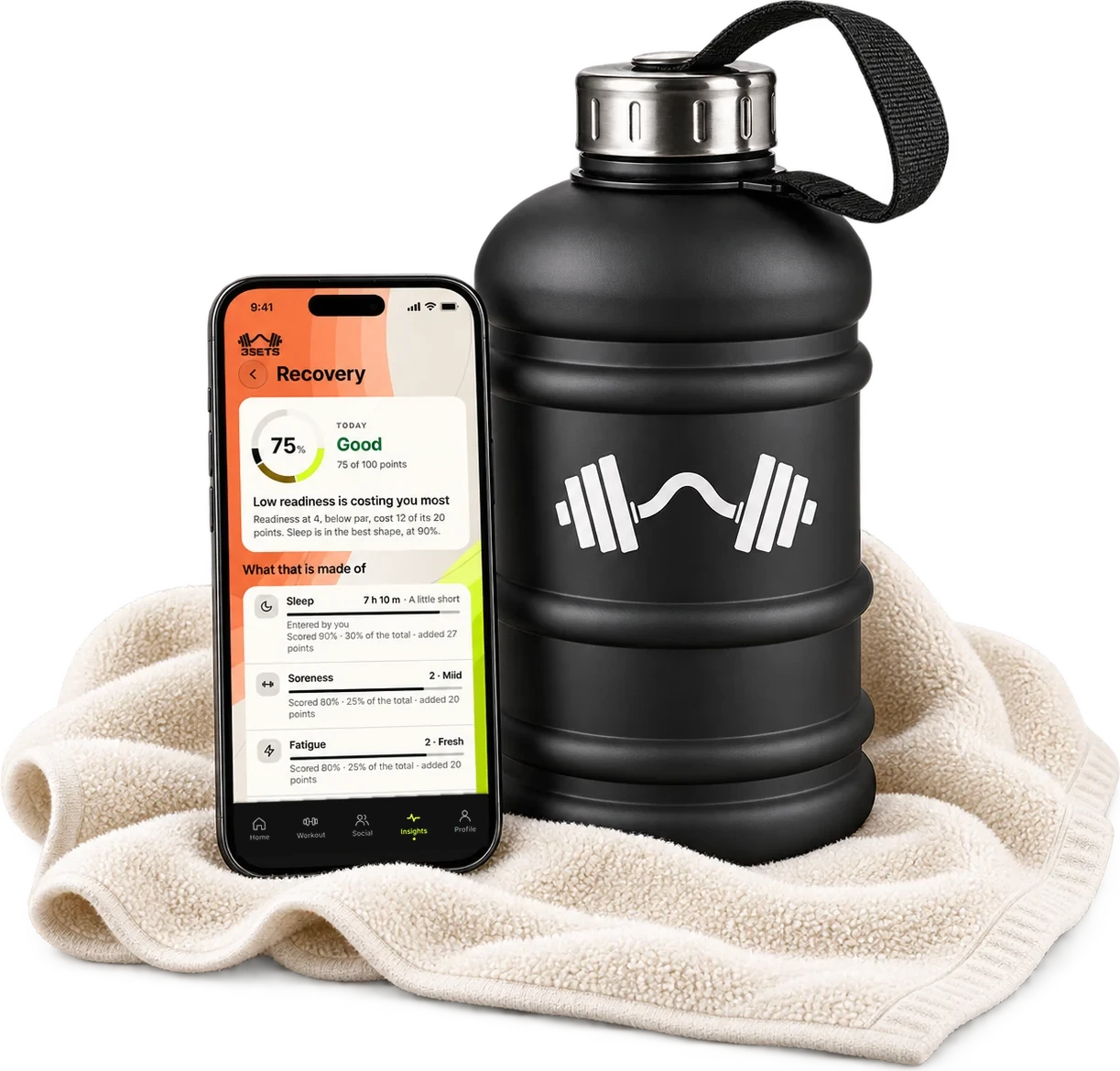 The 3SETS recovery screen on an iPhone, beside a gym water bottle on a towel