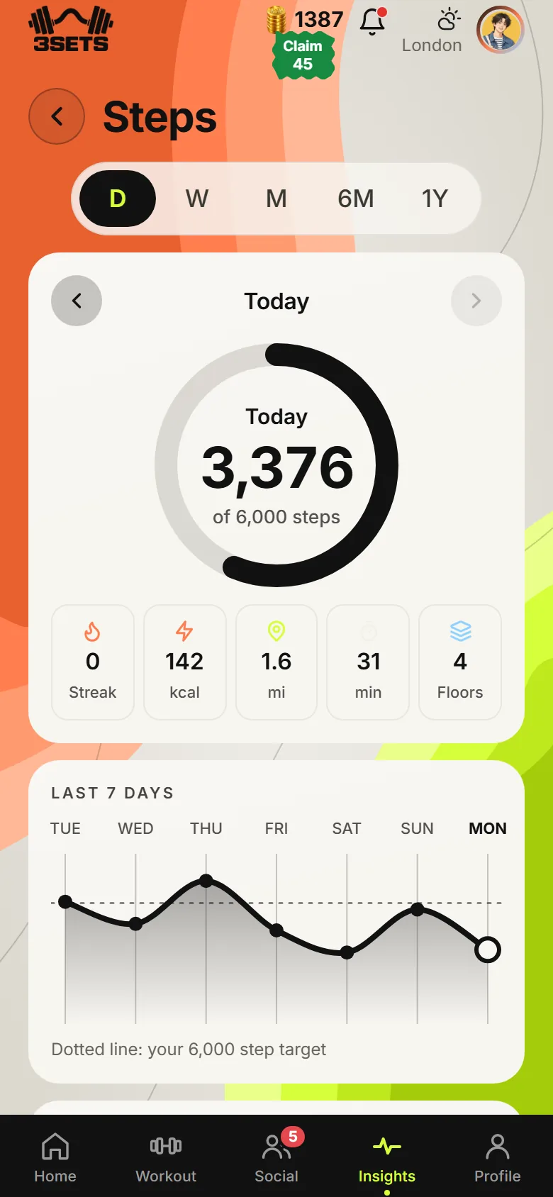 Steps for the day against the target, with streak and floors